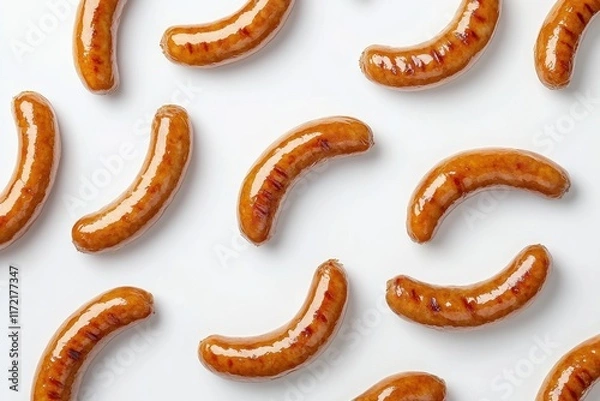Fototapeta Grilled sausages arranged on white background. Perfect for food blogs, recipe sites, and restaurant menus.