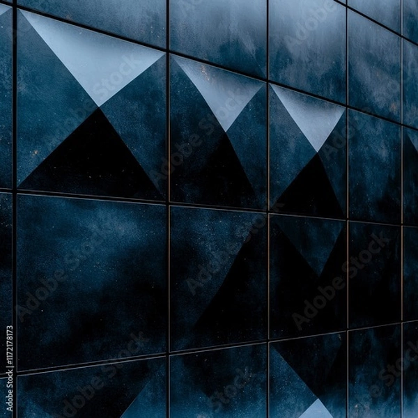 Fototapeta Dark Blue Textured Geometric Tiles Modern Architectural Wall Pattern Background