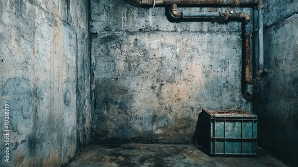 Fototapeta Musty Basement with Exposed Pipes and Mold Growth on the Walls and Floor Space