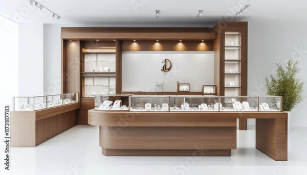 Obraz modern jewelry store interior featuring elegant display cases and wooden accents, creating sophisticated shopping atmosphere