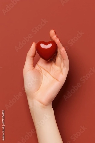 Fototapeta A passionate gesture symbolizes love, as a hand cradles a vibrant red heart against a bold crimson backdrop, evoking warmth and affection.