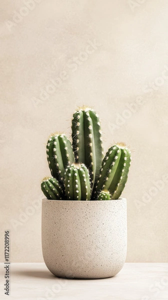 Fototapeta photorealistic rendering of cactus in textured pot, showcasing its vibrant green color against soft pastel background. This evokes sense of tranquility and nature