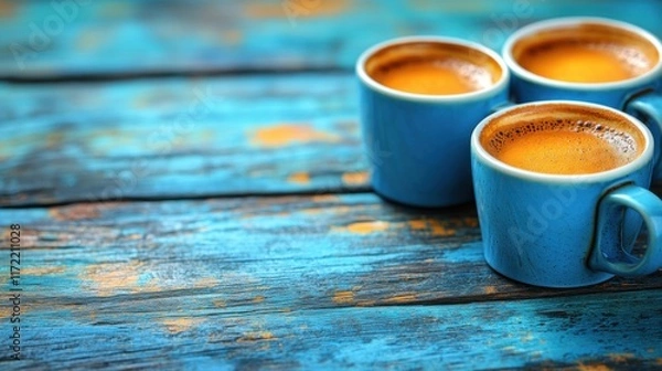 Obraz Three Blue Coffee Cups on Rustic Wooden Table with Vibrant Colors Showcasing Rich Espresso and Warm Ambiance Capturing Cozy Morning Moments Perfect for Stock Photography