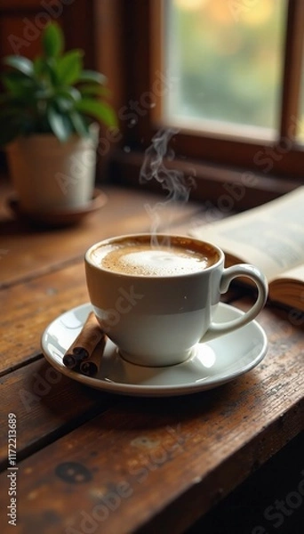 Obraz Cozy space with steaming cup of coffee and cinnamon on wooden desk, cinnamon, study