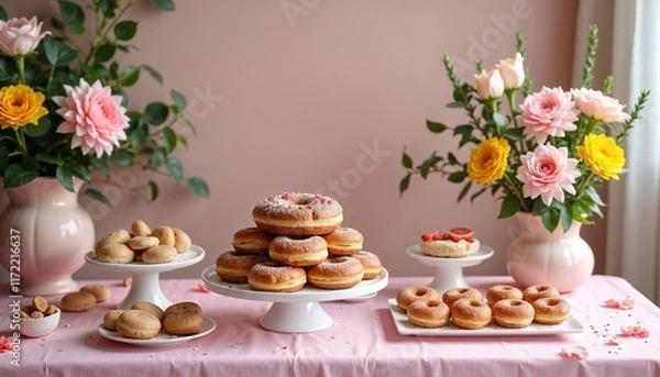 Fototapeta Colorful display of assorted donuts and flowers celebrating Fat Thursday