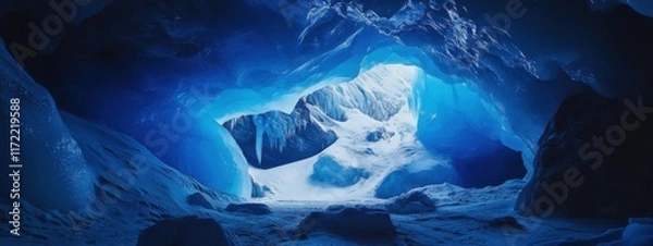 Fototapeta A surreal perspective of a towering ice cave illuminated by the ethereal glow of Arctic twilight, Arctic ice cave scene, Surreal style