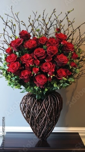 Obraz A beautiful vase brimming with vibrant red roses, symbolizing love and passion, perfect for expressing heartfelt emotions on Valentine's Day.