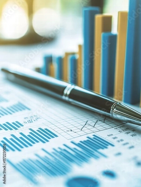 Fototapeta Financial Graphs and Charts with Pen on Table in Office Setting