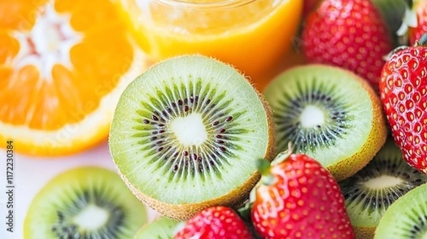 Fototapeta A vibrant assortment of fresh fruits including kiwi, strawberries, and orange juice.