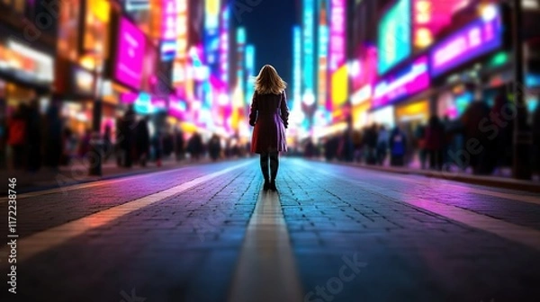 Fototapeta Woman Walking Alone in Vibrant Urban Street at Nighttime