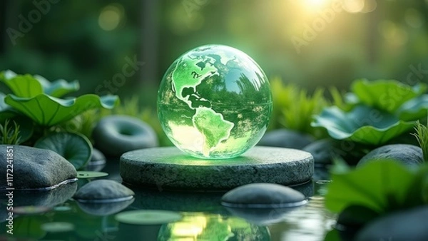 Fototapeta Floating World and Nature Harmony podium green 3d render