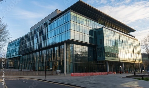 Fototapeta Modern glass building reflecting the sky, showcasing contemporary architecture.
