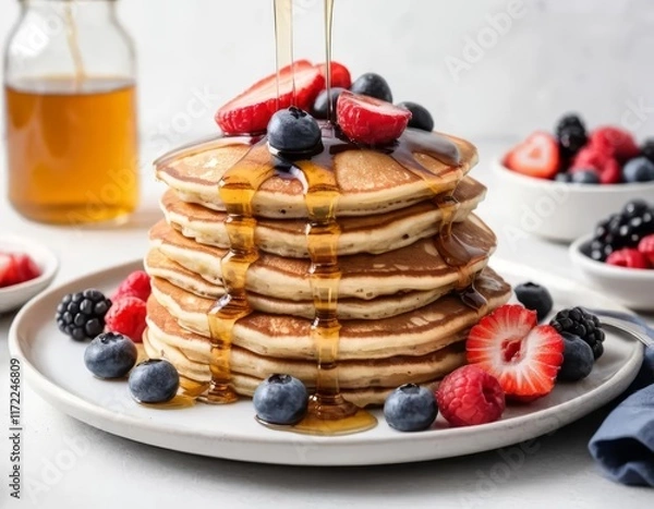 Fototapeta stack of pancakes with berries