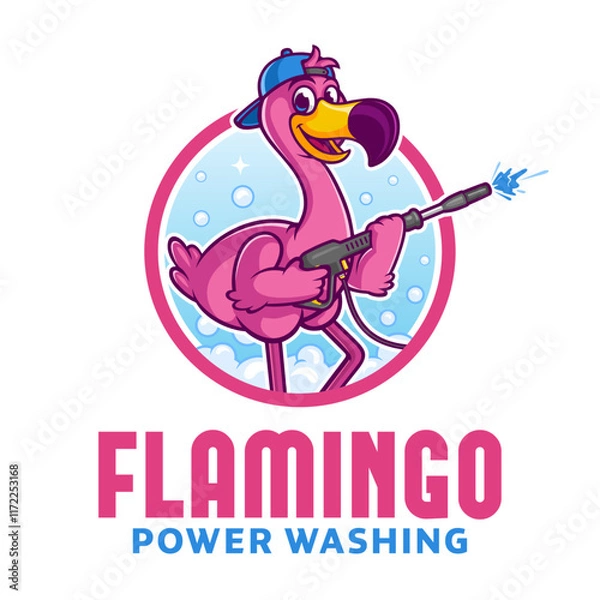 Obraz Pressure Washing Logo Stock, Flamingo Cartoon Mascot Stock Vector