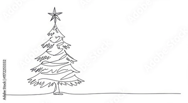 Fototapeta minimalist Christmas tree sketch, abstract line drawing, black and white, simple design, star
