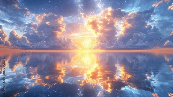 Obraz A beautiful sunset over a calm ocean with a reflection of the sun in the water