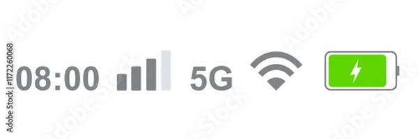 Fototapeta Status bar icon isolated on white background. Phone bar status Icons, battery drain in green, Mobile indicator of time, Wi-Fi signal. Vector Illustration