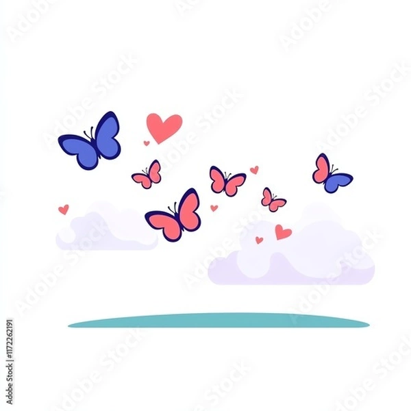 Fototapeta Colorful butterflies and hearts in a whimsical cloud scene, perfect for expressing love and joy.