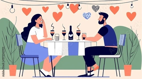 Fototapeta Couple enjoying a romantic dinner with drinks, surrounded by decorations and hearts.