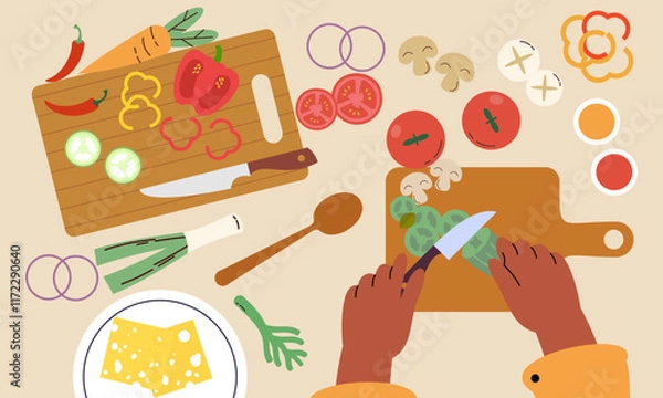 Obraz Food cooking top view. Sign or poster for restaurant menu with dish cook. Chef cooking at kitchen with meal ingredients