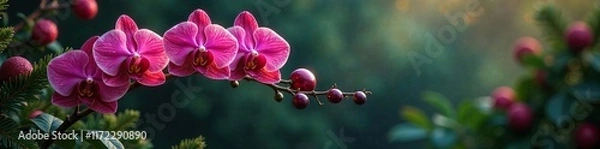 Fototapeta Exotic flowers entwined with garland on the tree, orchid, Christmas, nature