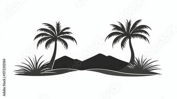Fototapeta Tropical island silhouette two palm trees, mountains, and grass against a white background; ideal for travel brochures.