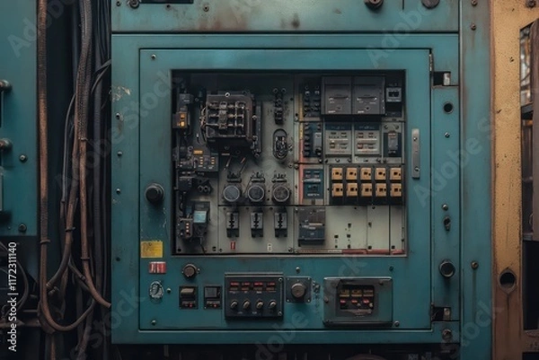Fototapeta A detailed image of an open control panel in a thermal power plant, showing electrical components like relays, circuit breakers, and wiring neatly arranged for equipment management.