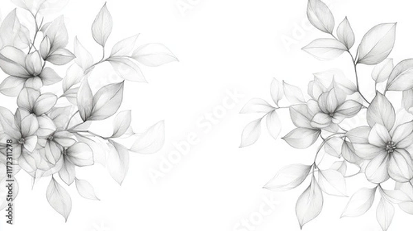 Fototapeta Delicate hand drawn floral design featuring leaves and flowers in soft tones. Perfect for elegant backgrounds