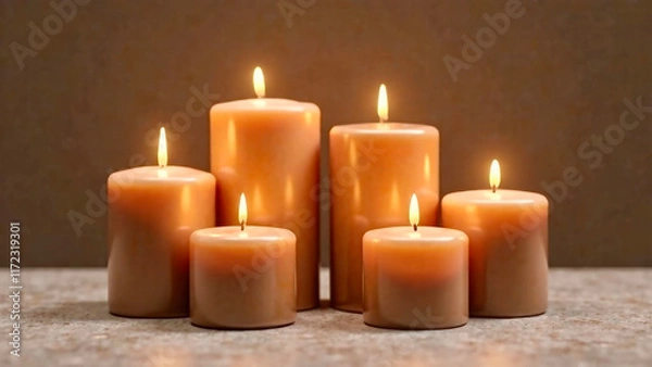 Fototapeta A set of elegant Mocha Mousse-colored candles in varying sizes, arranged on a polished stone surface. The candles are softly glowing, with their warm light reflecting on the smooth texture of the ston