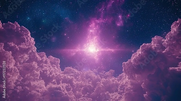 Fototapeta A cosmic scene featuring vibrant purple clouds and a bright starburst in the universe.