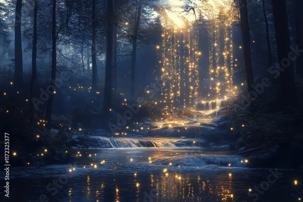 Fototapeta Enchanted Forest With Glowing Waterfalls and Shimmering Lights at Twilight