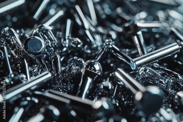 Fototapeta Metal Parts Scattered in a Workshop, Reflecting Light and Showcasing Varied Textures and Shapes During Production