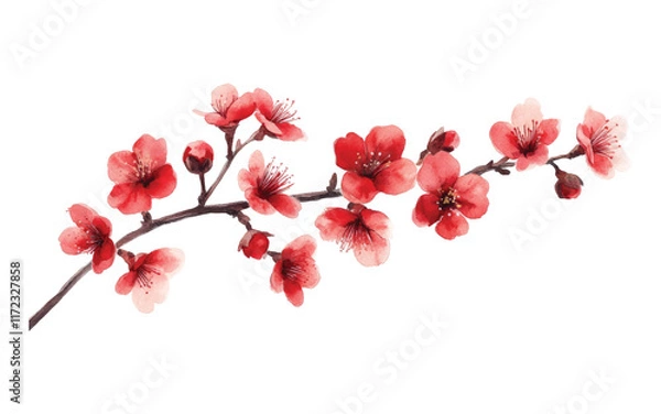 Fototapeta A branch of red cherry blossoms with delicate petals 