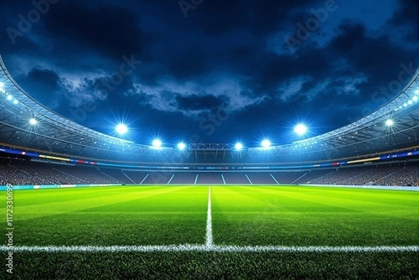 Fototapeta Brightly lit football stadium with lush green grass under a moody night sky, showcasing a lively sports atmosphere and vibrant lighting. Ai generative