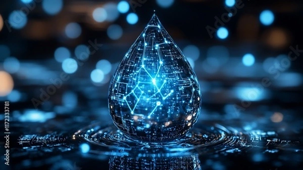 Obraz Glowing water drop with digital network inside.