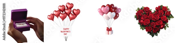 Obraz set of A red rose in the shape of a heart, ring box in someone's hand, holiday gift box with heart-shaped balloons and red ribbon flying, Happy Valentine's Day banner, on a transparent backgrounds