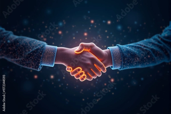 Obraz Digital background with a stylized representation of a handshake made of digital data, collaboration, partnership, business.