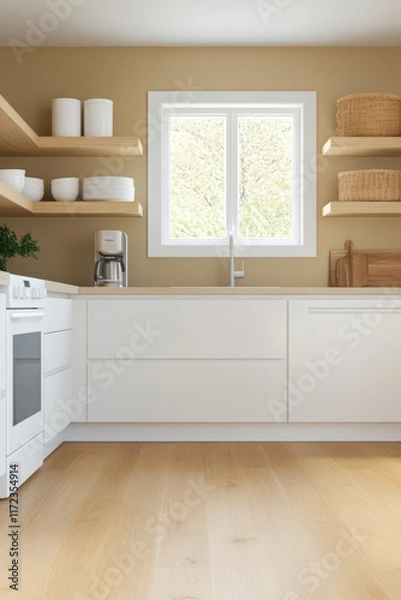 Fototapeta Modern kitchen interior with open shelving and natural light in a cozy setting