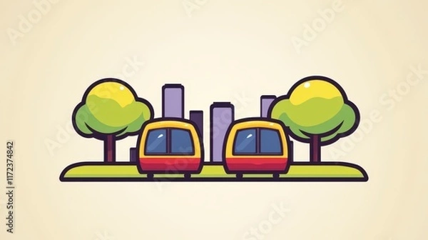 Fototapeta Cityscape Illustration Two Trains Parked Near Green Trees and Buildings