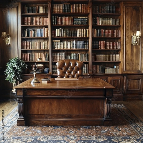Fototapeta Classic home office with wooden desk, leather chair, bookshelves, rug, and lamp