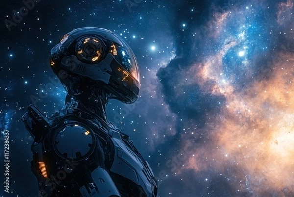 Fototapeta Robotic Figure Gazes Into the Vast Expanse of a Colorful Galaxy Filled With Stars and Cosmic Clouds