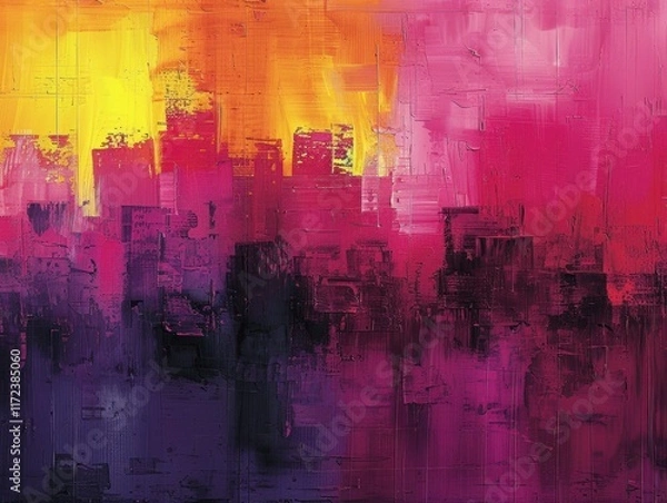 Fototapeta Abstract Cityscape Painting Purple Pink Yellow Orange Hues