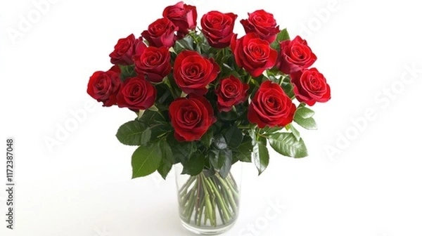 Obraz Elegant red rose bouquet arranged in a clear glass vase showcasing beauty and freshness on a white background. Perfect for romantic occasions.