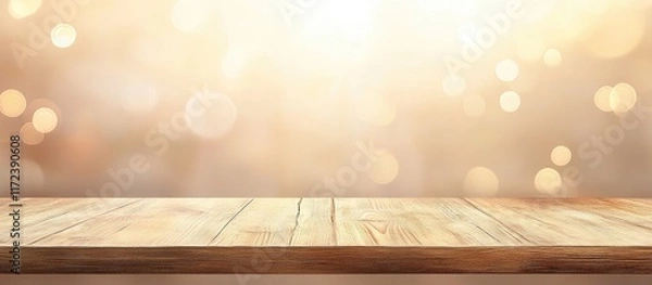 Fototapeta Wooden tabletop with bokeh lights in a soft focused background ideal for product displays and creative photography projects