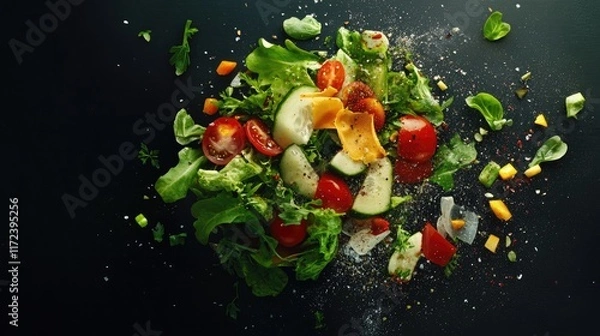 Fototapeta Vibrant overhead view of a fresh salad with colorful ingredients and herbs on a dark background