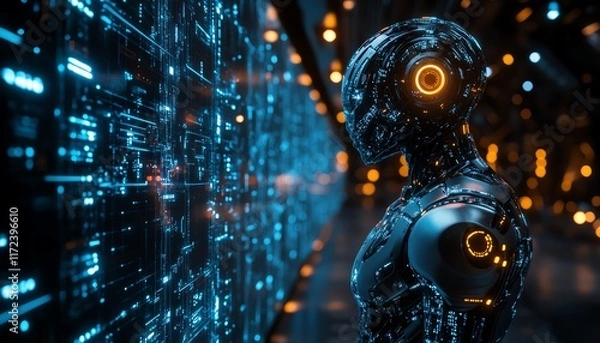 Fototapeta Digital artificial intelligence concept represented by a humanoid with glowing circuits, metallic body, and sleek design in a hightech futuristic setting