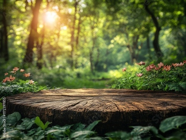 Fototapeta A serene forest scene featuring a wooden stump surrounded by flowers and lush greenery.