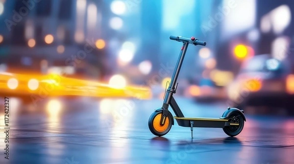 Fototapeta A modern electric scooter parked on a busy urban sidewalk, symbolizing the growth of sustainable transportation in cities on white background