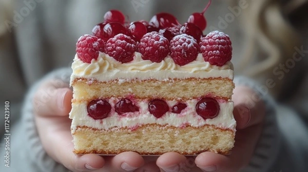 Fototapeta Delicious raspberry cake slice held, creamy frosting, winter background.