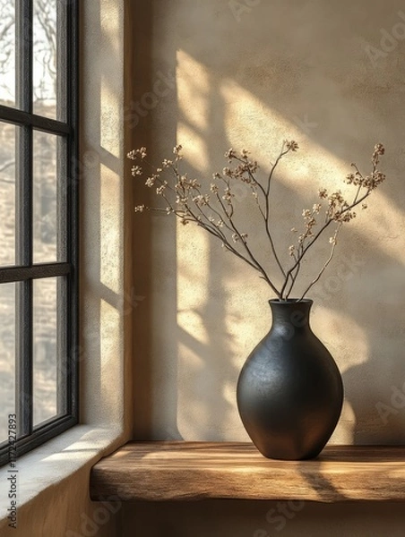 Fototapeta A minimalist vase with dried branches sits on a wooden shelf by a sunlit window.